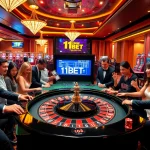Players enjoying high-stakes gambling at 11BET's luxury casino, featuring roulette and vibrant slot machines.