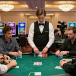 Players engaging in a strategic poker game at a casino table featuring da88 poker chips stacked in front of them.