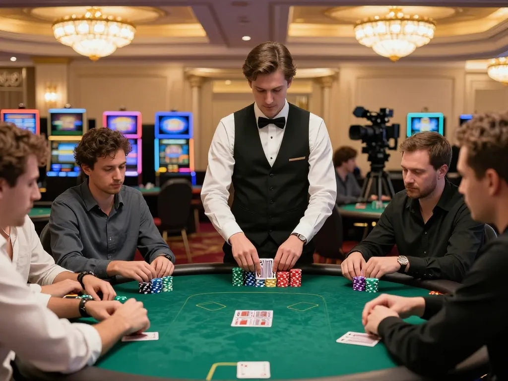 Players engaging in a strategic poker game at a casino table featuring da88 poker chips stacked in front of them.
