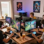 Engaged gamers enjoying go88 in a lively home setting with vibrant LED lights and snacks.