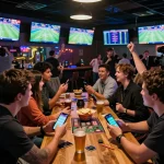 DA88 betting enthusiasts celebrating a win at a sports bar with screens displaying live matches.