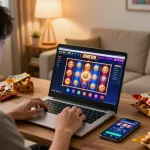 Engaging home scene with a player enjoying slots on ONE88, showcasing a cozy atmosphere and gaming focus.