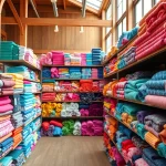 Koop fleece stof per meter met een breed assortiment aan kleuren en patronen in een sfeervolle winkel.
