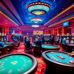 Exciting casino scene showcasing SC88 gaming with players at poker and roulette tables.