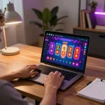 Engaging in online gambling at lc88, showcasing a player interacting with a live casino app on their laptop, highlighting strategic gameplay