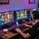 Exciting online gaming scene with a player engaged in Sunwin20 casino games on multiple monitors, showcasing a vibrant gaming atmosphere.