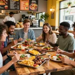 Vrienden genieten van een kapsalonmaaltijd in een levendig restaurant met kleurrijke trays friet en toppings