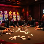 Experience the thrill of tỷ lệ trực tuyến 7m in a luxurious casino setting with poker players and dynamic tables.