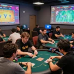 Engaging atmosphere of b52club online gaming lounge with players enjoying card games and bright displays.