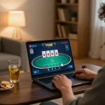 Player engaging with VU88 online casino on laptop in a cozy living room