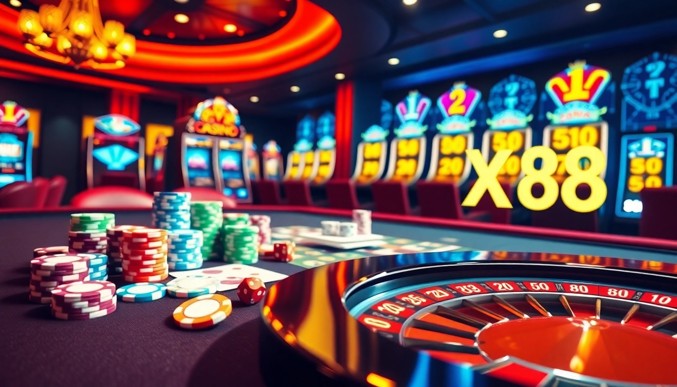 Experience the excitement of XX88 at a vibrant casino table with poker chips and cards.