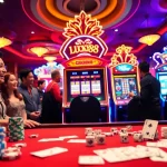 Play LUCKY88 slot machine for an exciting casino experience with vibrant lights and happy patrons.
