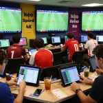 Exciting kèo nhà cái atmosphere with fans analyzing sports betting odds in a vibrant sportsbook environment.