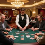 Players engage in a strategic blackjack game at a high-end casino table showcasing https://va88.moe/