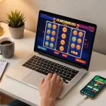 Player engaging in online DEBET gaming with laptop and smartphone, showcasing vibrant gameplay.