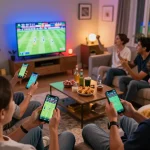 Engaged players using MM88 for live sports betting in a lively home setting