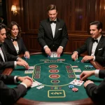 11WIN blackjack enthusiasts strategizing and celebrating wins at an upscale casino table.