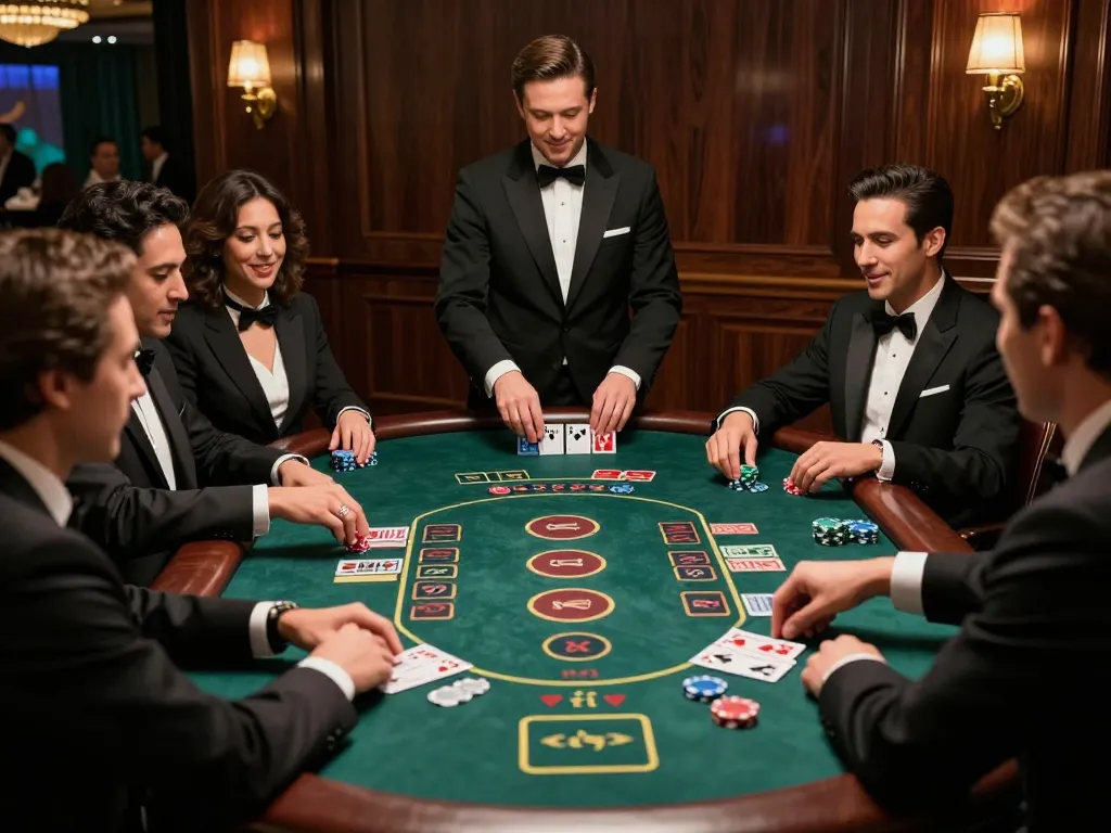 11WIN blackjack enthusiasts strategizing and celebrating wins at an upscale casino table.