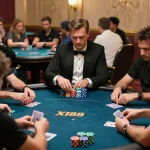 Players strategizing at a poker game in XI88's upscale gambling venue, highlighting intense gameplay.