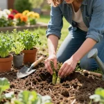Gardener planting asparagus crowns for aspergeklauwen kopen in vibrant vegetable patch.