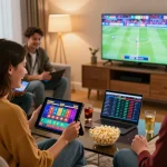 Engaging online gaming scene with BJ888 platform, showing friends enjoying casino games and sports betting in a lively atmosphere.