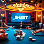 High-stakes poker play at SHBET casino highlighting chips and cards.