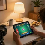 xóc đĩa trực tuyến gameplay on a tablet with engaging interface in a cozy home setting