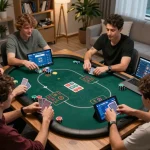 MAX88 poker players strategizing during an intense online game in a cozy living room setting.