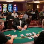 Intense blackjack gameplay at a luxurious casino showcasing Da88 strategies for winning hands.
