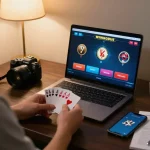 Lode88 player celebrating a winning hand during an online poker game on a cozy home setup.