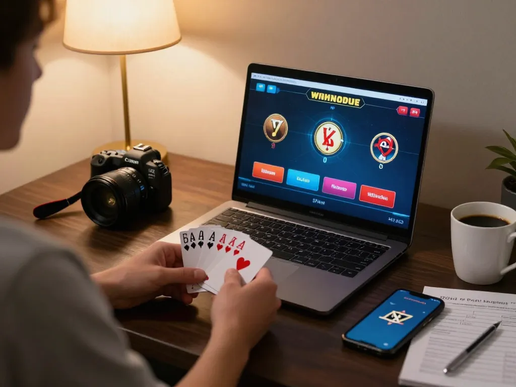 Lode88 player celebrating a winning hand during an online poker game on a cozy home setup.