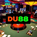 Experience thrilling gameplay with DU88 at an upscale casino table filled with poker chips and roulette wheels.