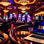 Players enjoying a thrilling gaming experience at 33WIN casino tables, showcasing excitement and luxury.