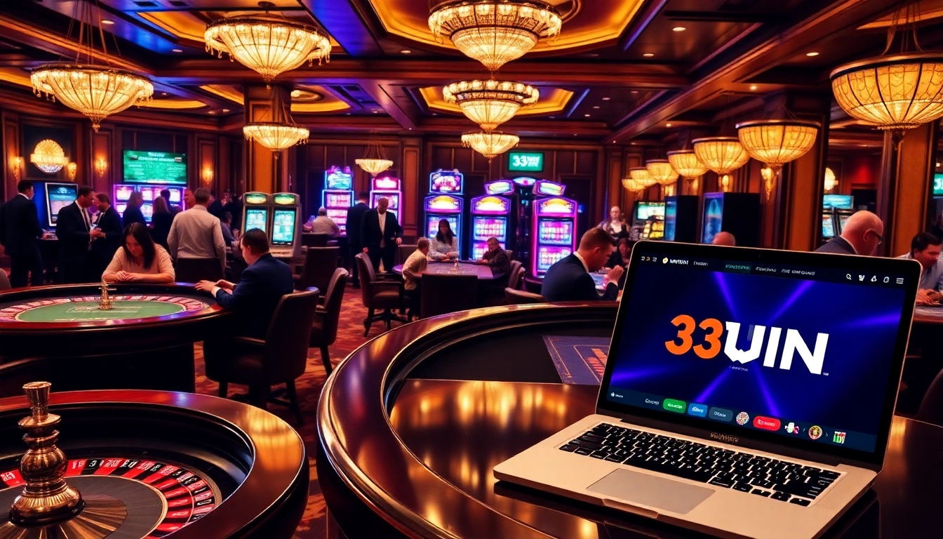 Players enjoying a thrilling gaming experience at 33WIN casino tables, showcasing excitement and luxury.