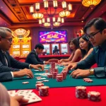 Engaging scene of players at a game bài table in a luxurious casino environment.
