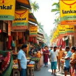 A lively Sri Lankan market scene promoting Lanka Add with vibrant local goods and interactions.