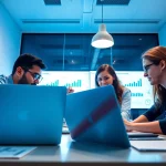 Espacio de trabajo dinámico que representa marketing digital guadalajara con colaboración de un equipo diverso.