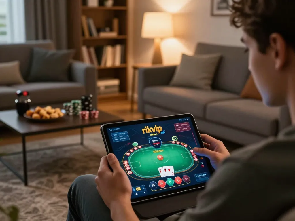 Playing poker using the rikvip apk on a tablet in a cozy home setting, emphasizing strategic gaming.