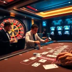 Experience excitement at https://11bett.one/ with lively casino action, showcasing a glamorous blackjack table and roulette wheel.
