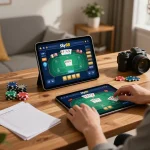 Engaging in online gaming at Sky88, showcasing poker gameplay on tablet while strategizing