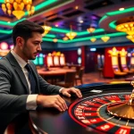 Cá cược Lucky88 with a professional gambler engaging at a luxurious roulette table surrounded by casino elements.