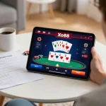 Xo88 online gaming on a tablet, showcasing vibrant poker gameplay in a cozy home setting.