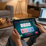 Engaged player enjoying vswin blackjack on tablet in cozy living room.