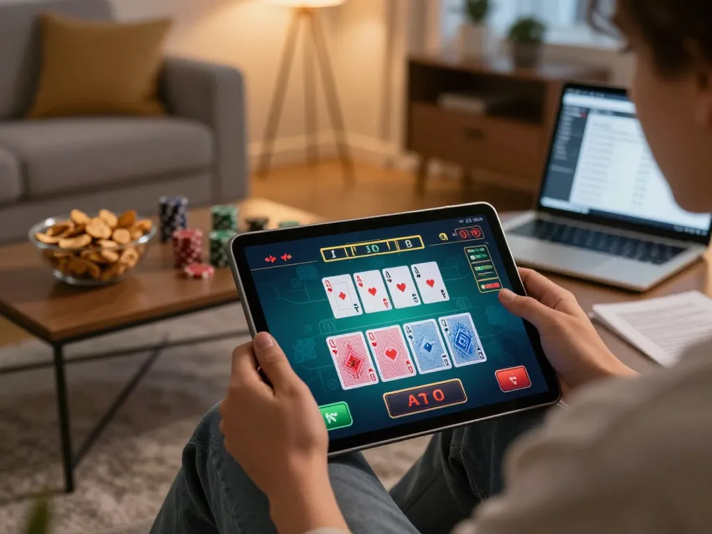 Engaged player enjoying vswin blackjack on tablet in cozy living room.