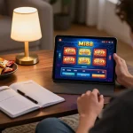 Engaging MI88 SLOT gameplay on a tablet in a cozy home setting, showcasing immersive online gambling.