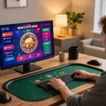 Person engaged in online gambling with tg88, focusing on live dealer games in a stylish home setting