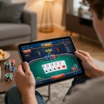 Player engaging with CM88 online casino on tablet, emphasizing strategic poker gameplay.