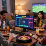 Exciting LODE88 online gambling scene with friends engaging in live betting.