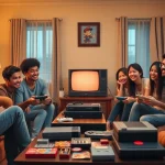 Friends enjoying classic games on retro consoles in a cozy living room.