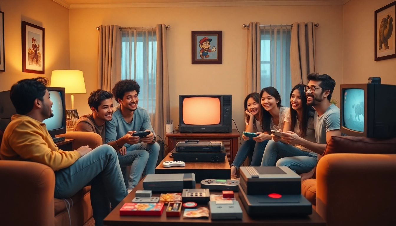 Friends enjoying classic games on retro consoles in a cozy living room.